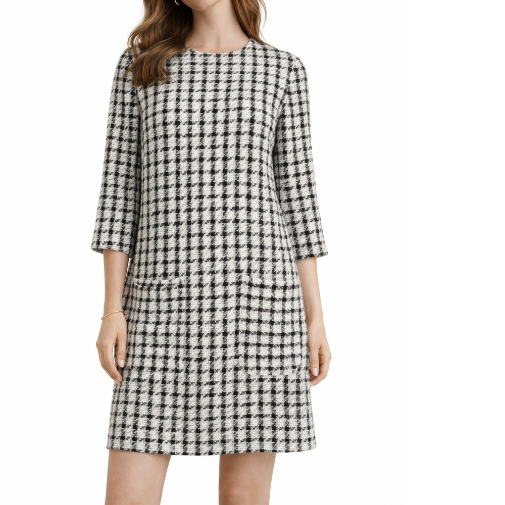 Zara TRF Houndstooth Tweed Boucle Mini Dress Women's S Black White 3/4 Sleeve